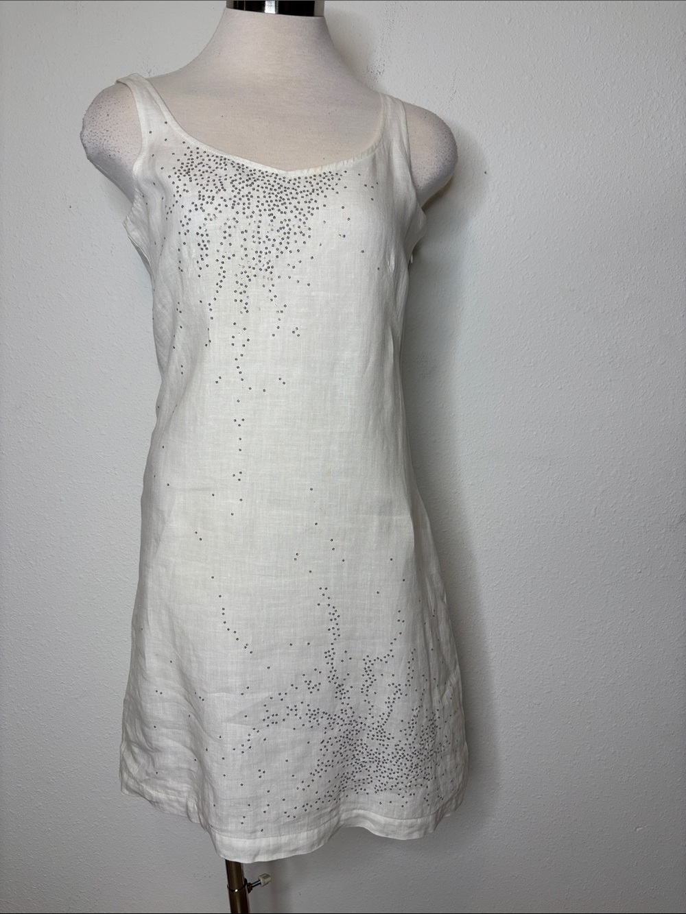 Eileen Fisher White Sleeveless Embellished Linen Mini Dress